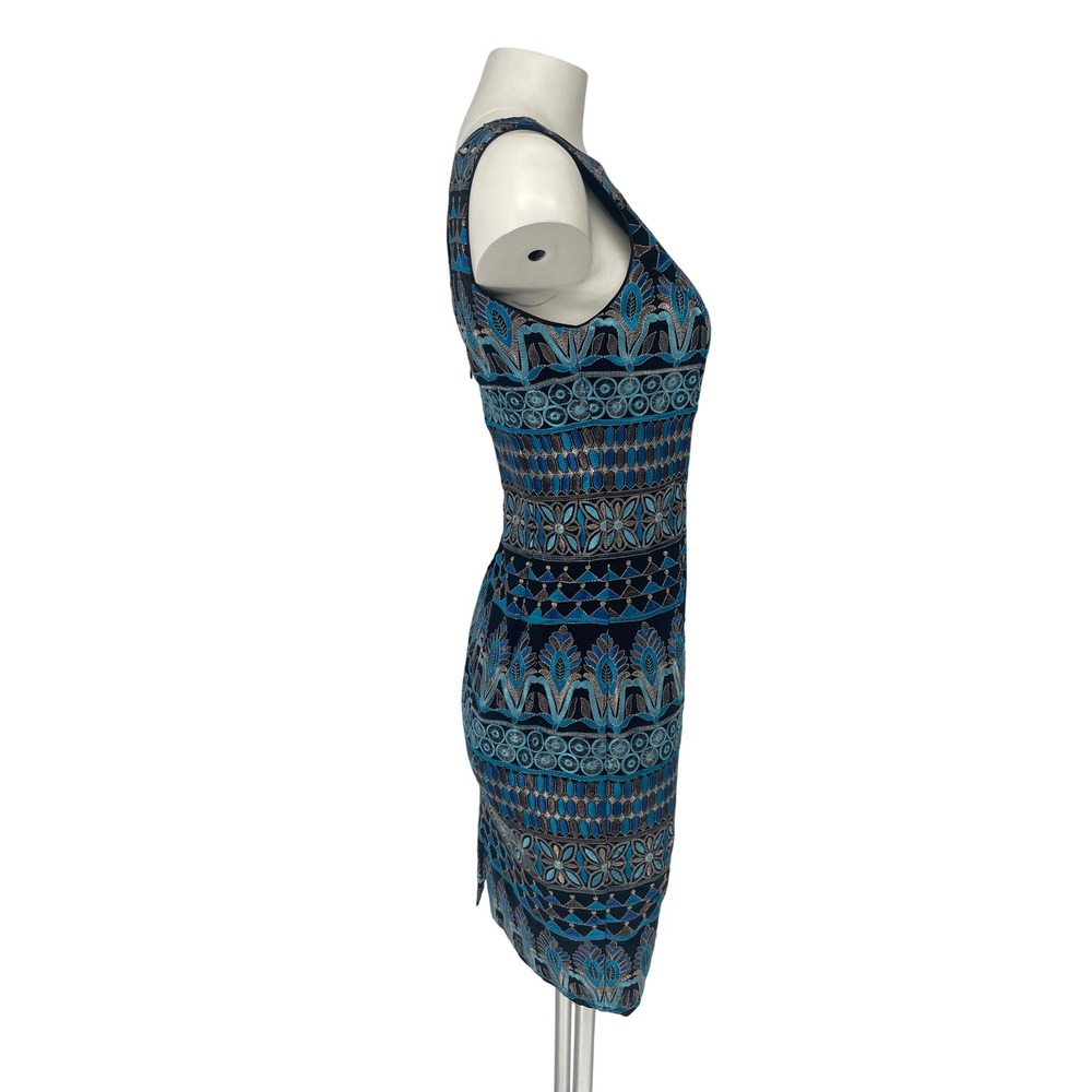 White House Black Market NWT Metallic Embroidered Sheath Dress 2 XS Blue Silver - Picture 4 of 13